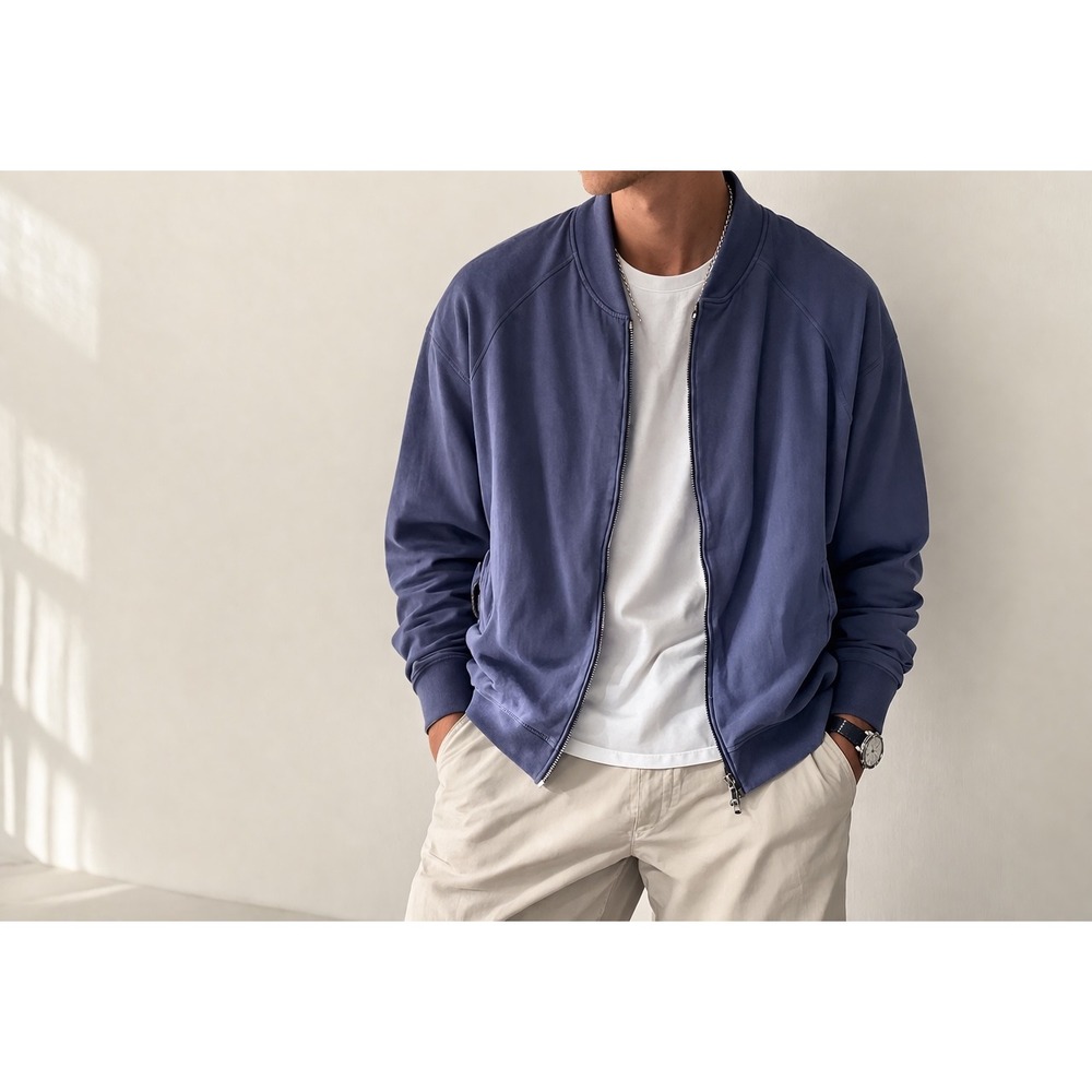 Robert Graham Mens XL Navy Blue Cotton Full Zip Bomber Jacket Mock‎ Neck